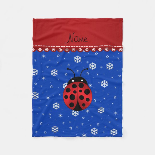 Personlig namn ladybug blue snöflingor fleecefilt (Framsidan)