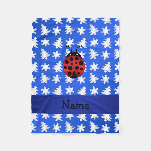 Personlig namn ladybug blue snöflingor träd fleecefilt (Framsidan)