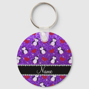 Personlig namn lila glitter pingviner hjärta nyckelring