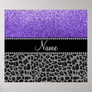 Personlig namn lila glitter svart leopard poster