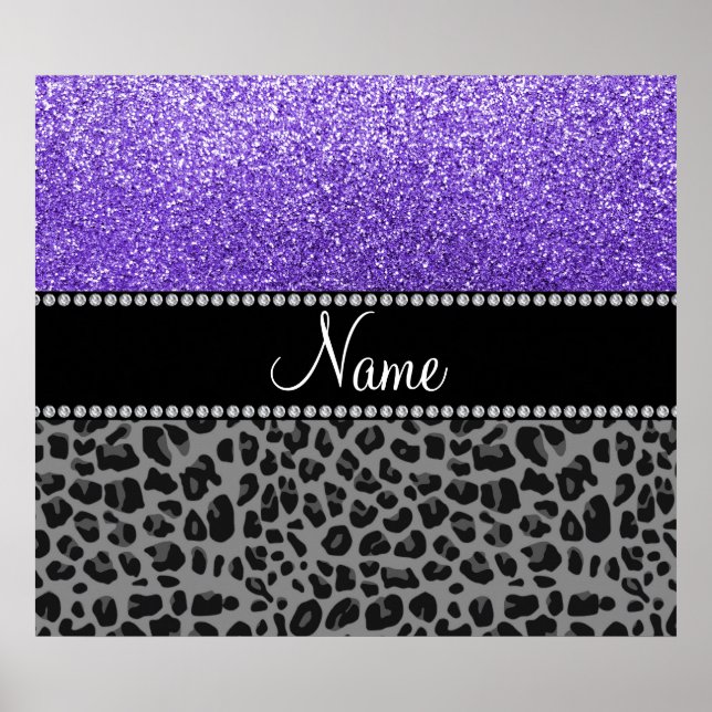 Personlig namn lila glitter svart leopard poster (Framsidan)