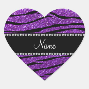 Personlig namn lila glitter zebra ränder hjärtformat klistermärke