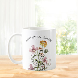 Personlig namn lila gul vildblomsbukett kaffemugg