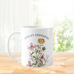 Personlig namn lila gul vildblomsbukett kaffemugg