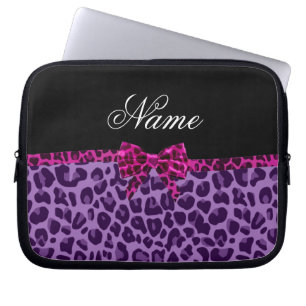 Personlig namn lila leopard tryckt rosa buske laptop sleeve
