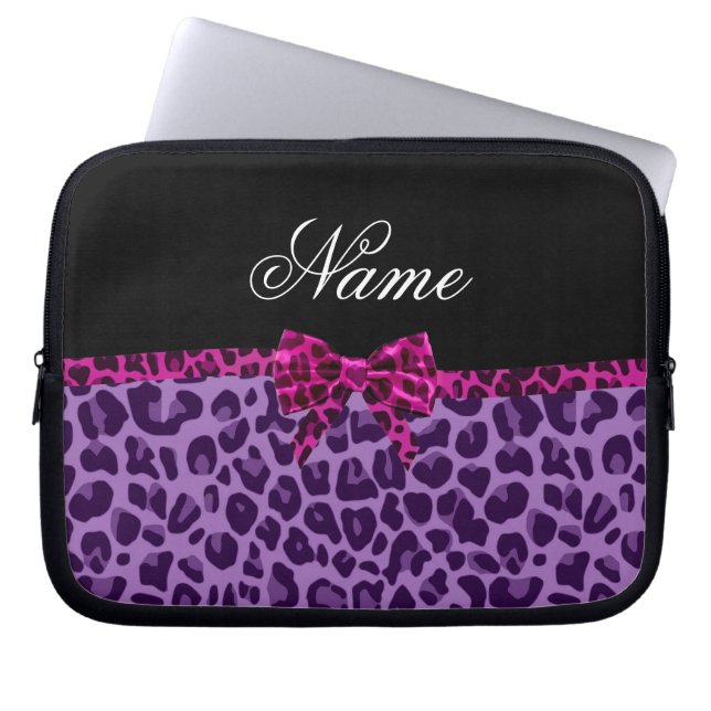Personlig namn lila leopard tryckt rosa buske laptop sleeve (Framsidan)