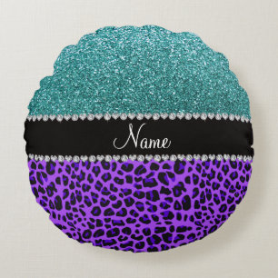 Personlig namn lila leopard turquise glitter rund kudde