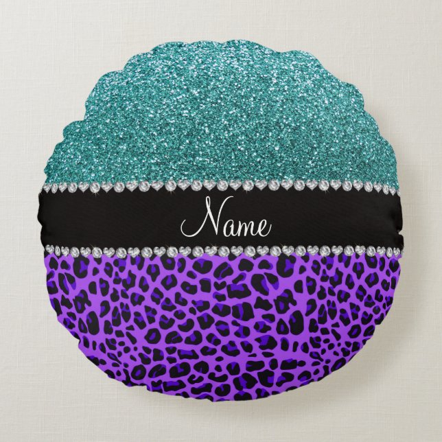 Personlig namn lila leopard turquise glitter rund kudde (Framsidan)