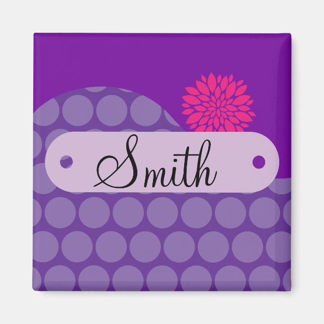 Personlig Namn Lila Polka dots Rosa Flower Magnet (Framsidan)