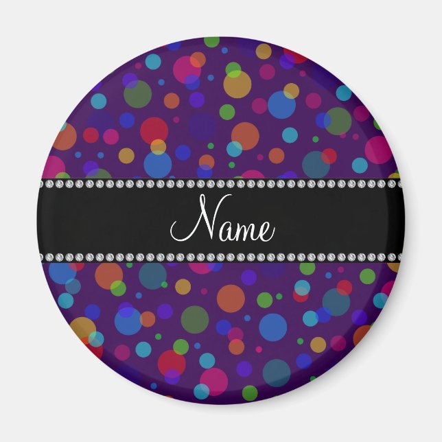 Personlig namn lila regnbåge polka dots magnet (Framsidan)