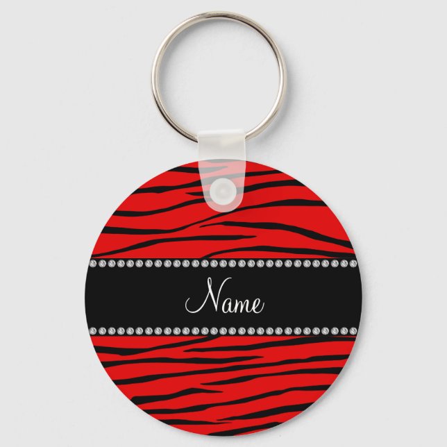 Personlig namn ljusröd zebra ränder nyckelring (Framsida)