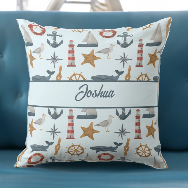Personlig namn marina sjömansfartyg kudde (Personalised name collage marine nautical sailor theme throw pillow boy gifts nursery gifts)