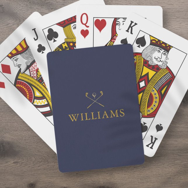 Personlig Namn, marinblått och Guld Golf-Klubbar Casinokort (Personalized Name Navy Blue And Gold Golf Clubs Playing Cards)