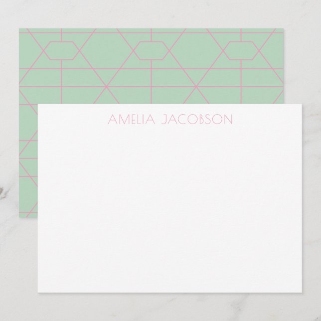 Personlig Namn Mint Grönt Rosa Geometric Linjer Anteckningskort (Fram/baksida)