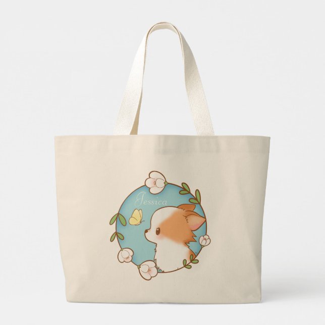Personlig Namn Mochi Pomchi Flower Tote Bag Jumbo Tygkasse (Baksida)