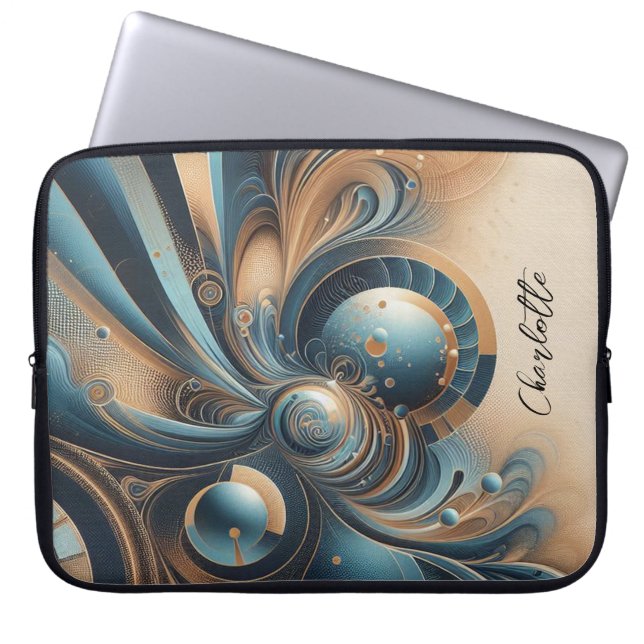Personlig Namn Modern Fractal Blue Guld Chic Laptop Fodral (Framsidan)