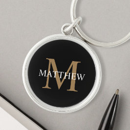 Personlig Namn Monogram Black Rund Silverfärgad Nyckelring