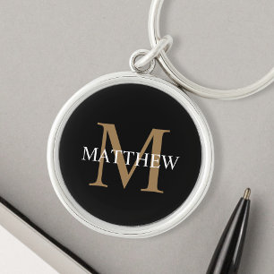 Personlig Namn Monogram Black Rund Silverfärgad Nyckelring