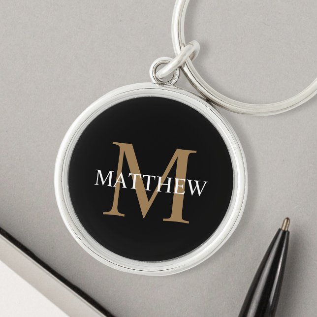 Personlig Namn Monogram Black Rund Silverfärgad Nyckelring (Skapare uppladdad)