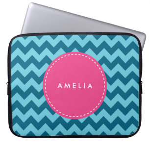 Personlig Namn Monogram Blue Chevron Laptop Sleeve