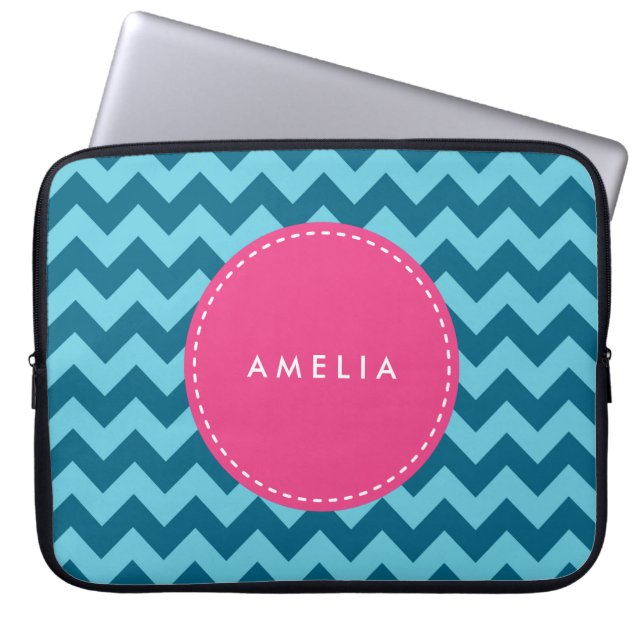 Personlig Namn Monogram Blue Chevron Laptop Sleeve (Framsidan)