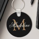 Personlig Namn Monogram Elegant Black Guld Nyckelring<br><div class="desc">Skapa din egen personlig svart runt nyckelkedja med anpassningsbarnas calligraphy-skript namn och monogram.</div>