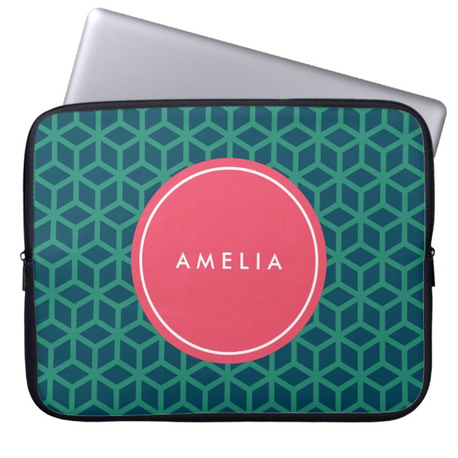 Personlig Namn Monogram Geometric Teal Laptop Sleeve (Framsidan)