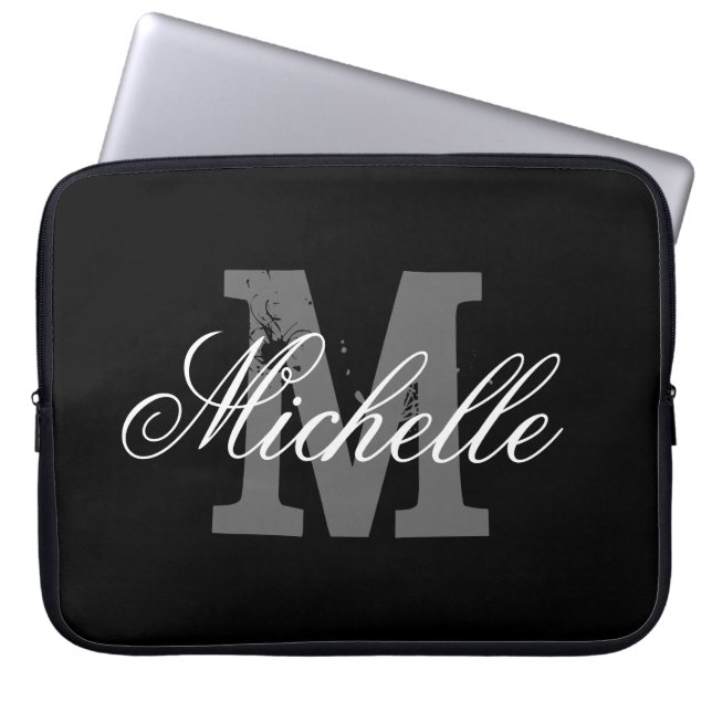 Personlig namn monogram laptop sleeve | Svart (Framsidan)