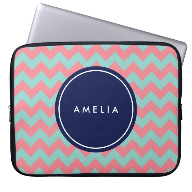 Personlig Namn Monogram Light Blue & Rosa Laptop Sleeve (Framsidan)