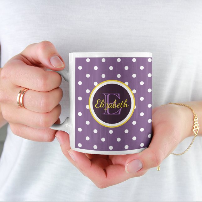 Personlig Namn & Monogram Lila Polka Dot Kaffemugg (Skapare uppladdad)
