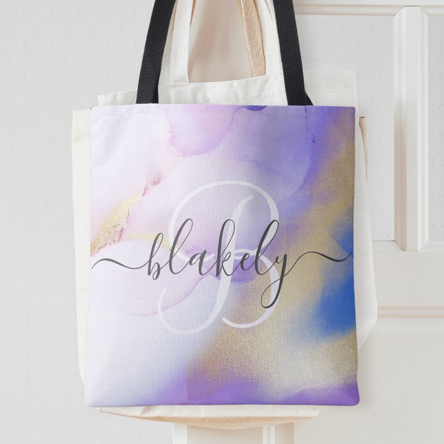 Personlig Namn Monogram Lila Vattenfärg Tygkasse (Skapare uppladdad)