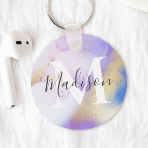 Personlig Namn Monogram Lila Watercolor Glam Nyckelring