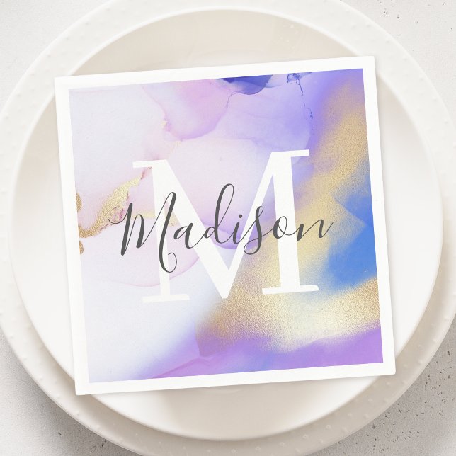 Personlig Namn Monogram Lila Watercolor Glam Pappersservett (Skapare uppladdad)