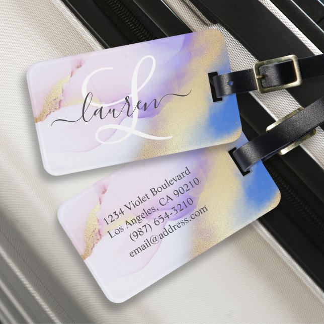 Personlig Namn Monogram Lila Watercolor Luxe Bagagebricka (Skapare uppladdad)