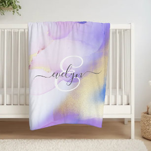 Personlig Namn Monogram Lila Watercolor Luxe Fleecefilt