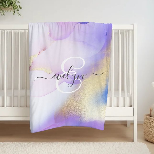 Personlig Namn Monogram Lila Watercolor Luxe Fleecefilt (Skapare uppladdad)