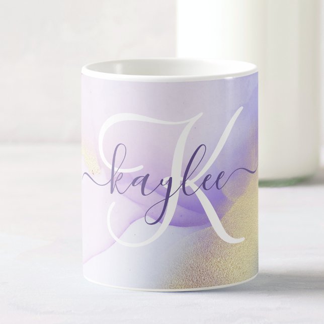 Personlig Namn Monogram Lila Watercolor Luxe Kaffemugg (Skapare uppladdad)