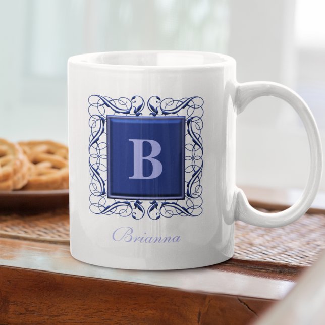 Personlig Namn Monogram Regal Stil (blått) Kaffemugg (Skapare uppladdad)