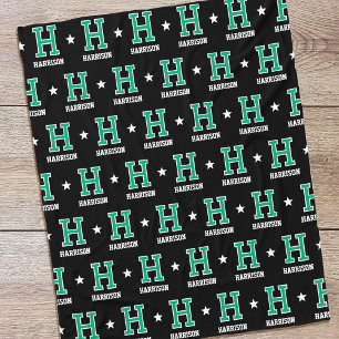 Personlig Namn Monogrammed Star Grönt Black Fleecefilt