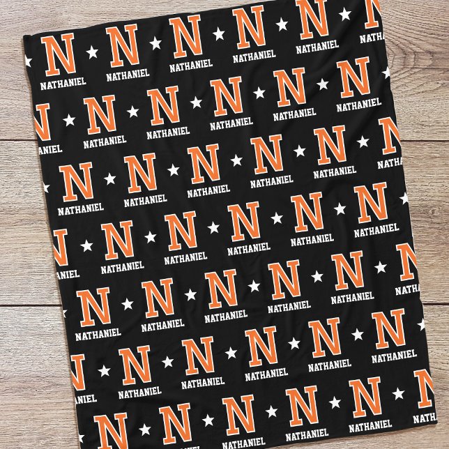 Personlig Namn Monogrammed Star Orange Black Fleecefilt (Skapare uppladdad)