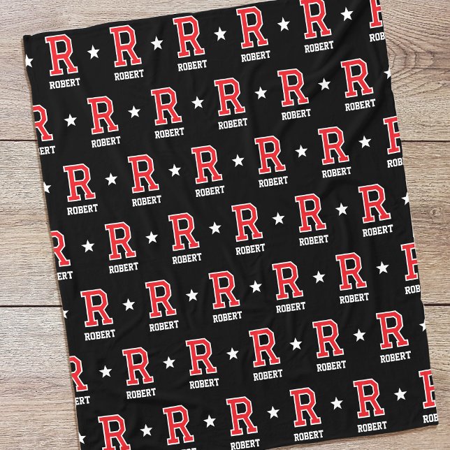 Personlig Namn Monogrammed Star Red Black Fleecefilt (Skapare uppladdad)