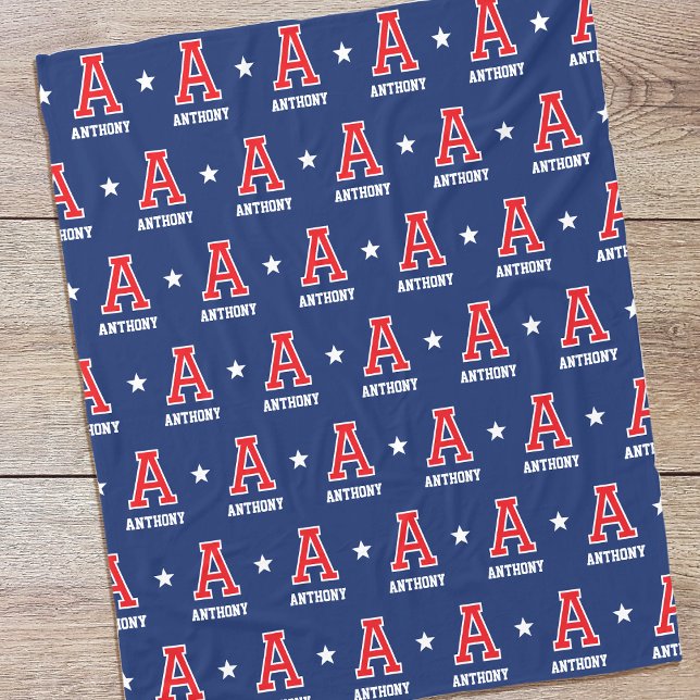 Personlig Namn Monogrammed Star Red Navy Fleecefilt (Skapare uppladdad)