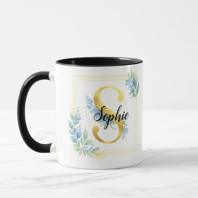 Personlig namn mugg • Guld och blomstermönstrad in (Vänster)