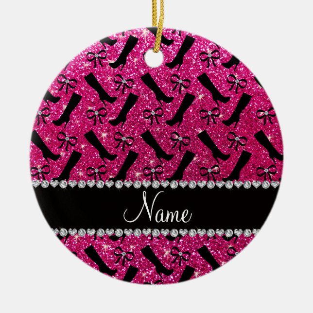 Personlig namn, neon shock rosa, bågar julgransprydnad keramik (Framsidan)