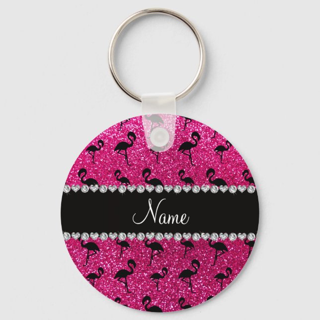 Personlig namn, neon shock rosa glitter flamingos nyckelring (Framsida)