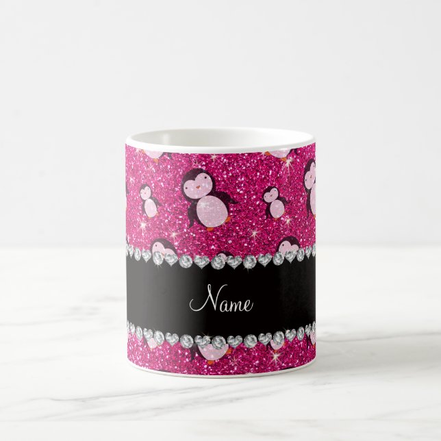 Personlig namn, neon shock rosa penguins kaffemugg (Center)