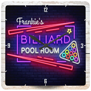 Personlig NAMN Neon Stil Billiards Bassäng Bord Fyrkantig Klocka