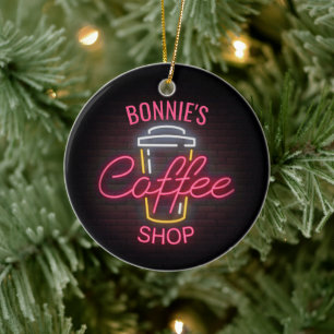 Personlig NAMN Neon Stil Coffee Shop Anpassningsba Julgransprydnad Keramik