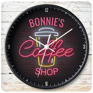 Personlig NAMN Neon Stil Coffee Shop Anpassningsba Stor Klocka