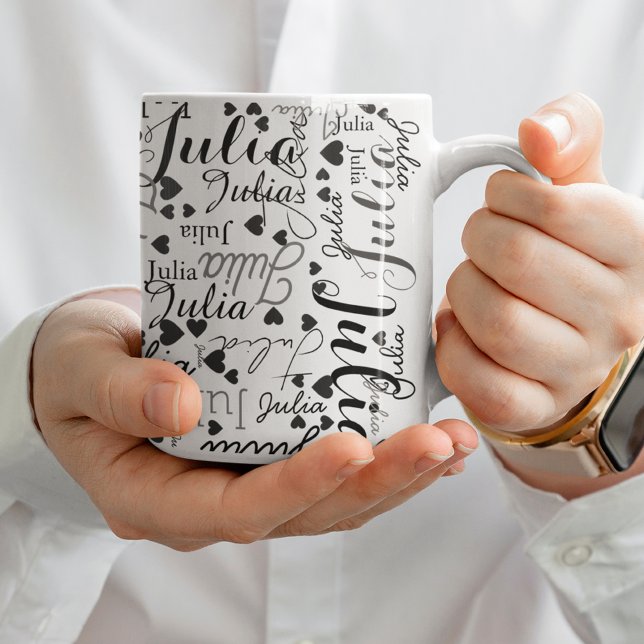 Personlig Namn och Black Hearts Romantic White Kaffemugg (Skapare uppladdad)